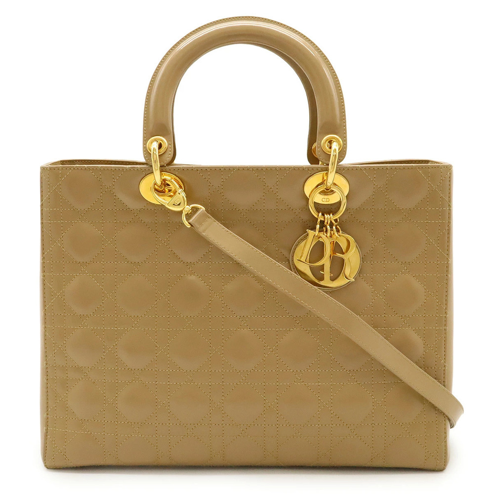 Christian Dior Lady Cannage Handbag Tote Bag Patent Vernis Leather Beige Cream